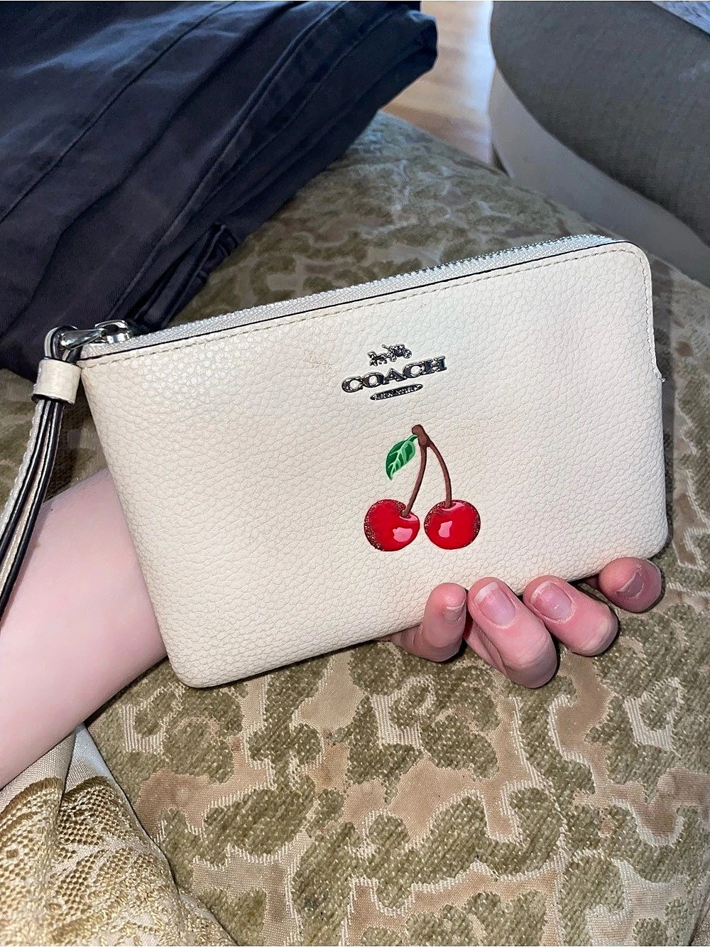 Coach Corner Zip Wristlet With Cherry Print in White & Red